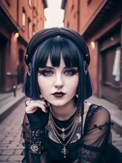 (wholebody) photo of a beautiful Russian woman Goth_punk, age: 20 years old, build: lush, face: symmetrical and beautiful and puffy cheeks, hairstyle: russet and short bob, background: scene, (high quality, 8k, masterpiece, highly detailed, highly detailed face), <lora:Gothpunk_V2:0.3>