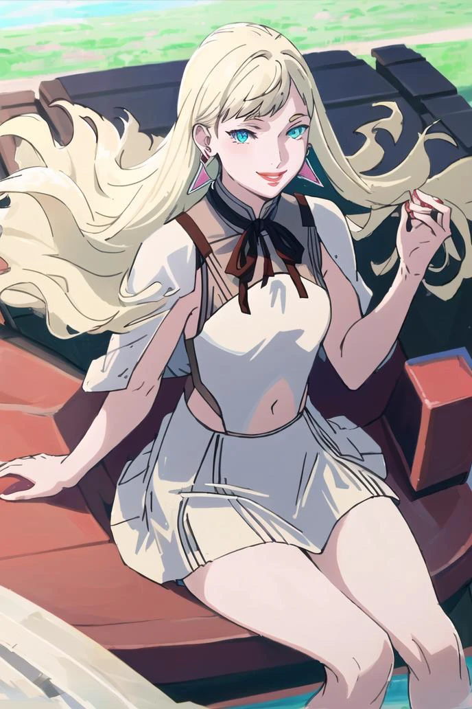 <lora:gigi-000014:1>((masterpiece,best quality, detailed)), ultra-detailed, detailed hair,cowboy shot, (1girl:1.2), solo,( long hair:1.3), (floating hair:1.2), (smile:1.1),medium breasts, sitting,(pifeng:1.3), triangle earrings, red lips, white skirt, high heels,bare legs, <lora:pastelMixStylizedAnime_pastelMixLoraVersion:0.8>