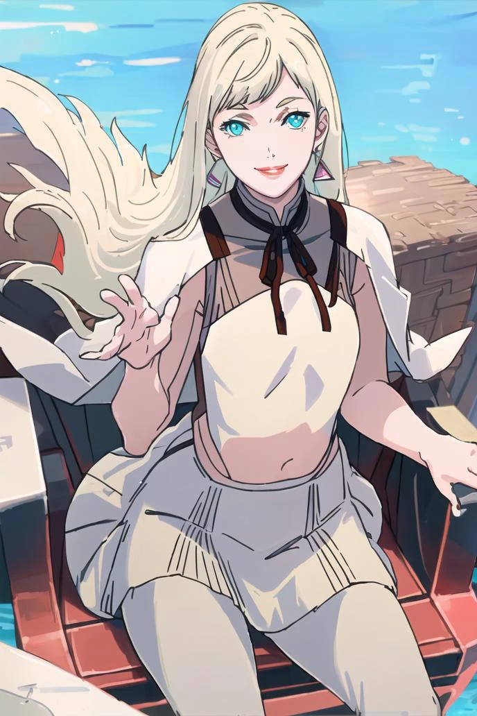 <lora:gigi-000014:1>((masterpiece,best quality, detailed)), ultra-detailed, detailed hair,cowboy shot, (1girl:1.2), solo,( long hair:1.3), (floating hair:1.2), (smile:1.1),medium breasts, sitting,(pifeng:1.3),red lips, white skirt, brown footwear, high heels, <lora:pastelMixStylizedAnime_pastelMixLoraVersion:0.8>