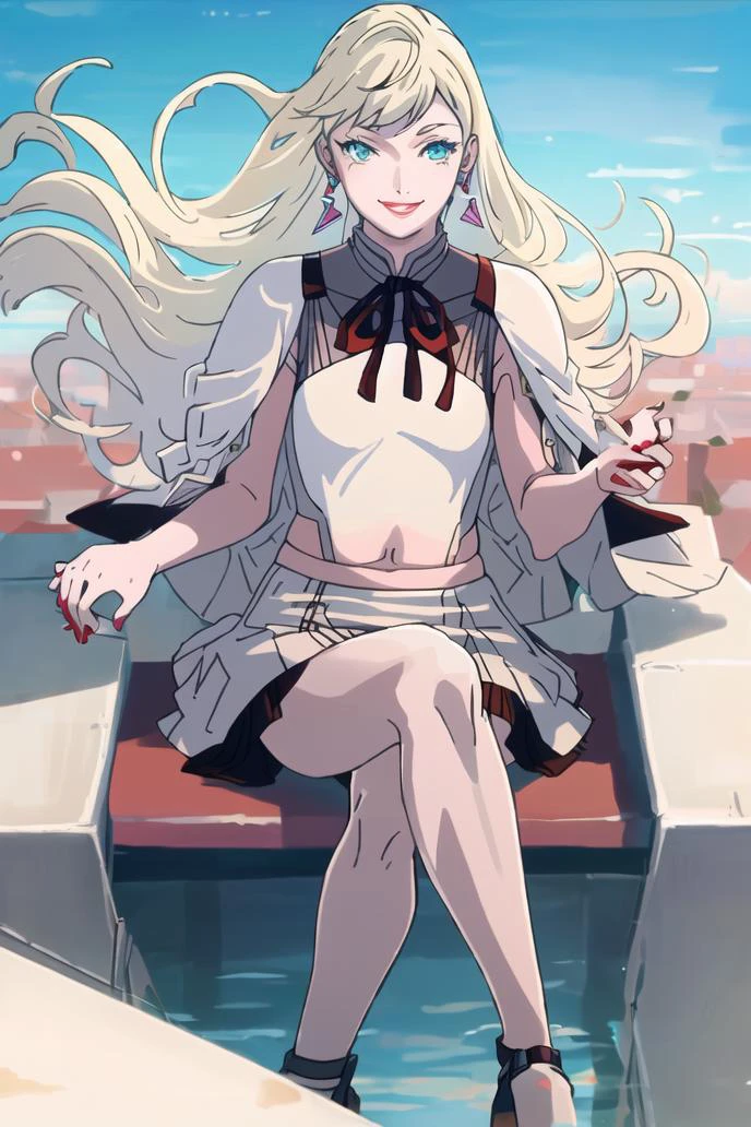 <lora:gigi-000014:1>((masterpiece,best quality, detailed)), ultra-detailed, detailed hair,cowboy shot, (1girl:1.2), solo,( long hair:1.3), (floating hair:1.2), (smile:1.1),medium breasts, sitting,(pifeng:1.3), triangle earrings, red lips, white skirt, high heels,bare legs, <lora:pastelMixStylizedAnime_pastelMixLoraVersion:0.8>