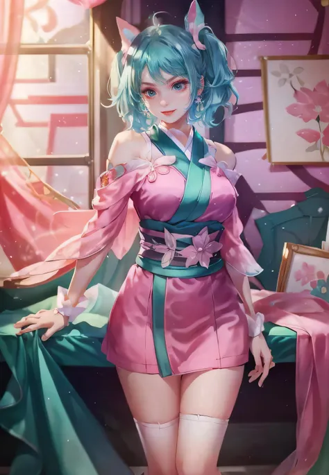 <lora:CaphenyKimono:0.8>, 1girl, aqua hair, detached sleeves, hair ornament, japanese clothes, kimono, long hair, obi, pink kimono, sash, sitting, solo, twintails, wide sleeves, (((indoor:1.33))), (((simple room:1.33))), smiling, 1girl, aqua hair, earrings, looking at viewer, obi, parted lips, pink dress, pink kimono, sash, sitting, solo, twintails, window, (((armpit:1.33))), genuflect, both hands over the head, ((short hair:1.21)), ((looking from behind:1.21)), (big ass:1.1), (looking at viewer:1.1), (masterpiece,best quality:1.5)