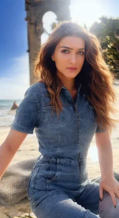 (sharp focus:1.2), portrait, attractive young woman, (beautiful face:1.1), detailed eyes, luscious lips, (eye makeup:1.2), body freckles, (large breasts:1.0), (tight body:1.2), (brown hair:1.2), wearing (jeans and t-shirt:1.2) at (the beach:1.2). (morning sun lighting:1.2), depth of field, bokeh, 4K, HDR. by (James C. Christensen:1.2|Jeremy Lipking:1.1).