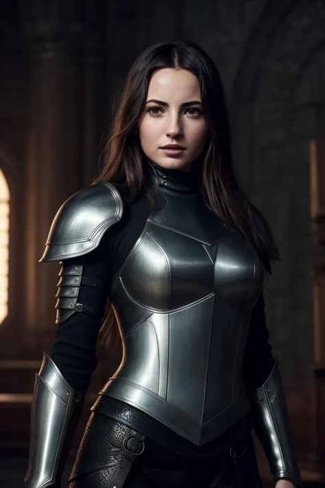Foto hiperrealista en primer plano de Kate Beckinsale, Create dystopian masterpieces. as a witcher, scene from the Witcher movie, the entire figure dressed in witcher style, outside of medieval inn, beautiful woman, skinny, small breasts, straight brown hair, detailed face, photo taken from a distance, age 20 tears old