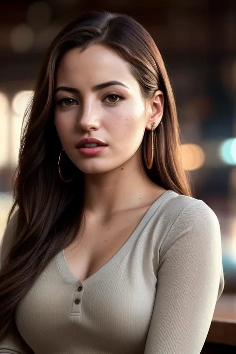 photo of extremely sexy (iv4n4b4quero-120:0.99), a woman as a sexy student, closeup portrait, (wearing a tight buttoned up shirt), (long sleeve shirt), long trousers, at a cantina sitting bar (masterpiece:1.5) (photorealistic:1.1) (bokeh) (best quality) (detailed skin texture pores hairs:1.1) (intricate) (8k) (HDR) (wallpaper) (cinematic lighting) (sharp focus), eyeliner, painted lips, (earrings)