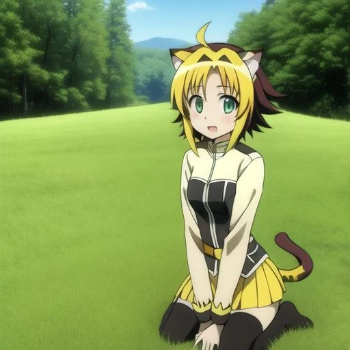 jaune, 1 girl, cat ears, green eyes, full body, highres, best quality, 1 tail, in a forest, <lora:JauneClafoutiDogDaysLora:1.4>