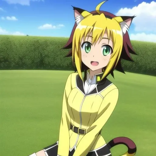 jaune, 1 girl, cat ears, green eyes, full body, highres, best quality, 1 tail, <lora:JauneClafoutiDogDaysLora:1.4>