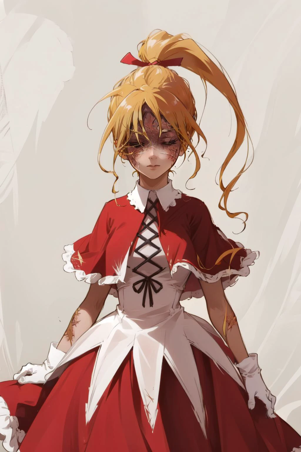 (masterpiece, best quality), intricate details,
1girl, <lora:BiscuitV1:0.6> biskywz, tiny girl, blonde hair, ponytail, long hair, hair ribbon,red dress, bobby socks, capelet, white gloves,
<lora:BurntScarOnFace:1> IncrsBurntScar, scar, covered eyes