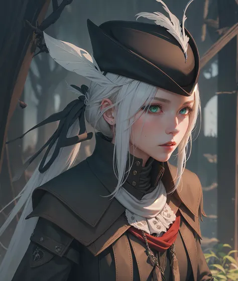 {{{masterpiece}}}, {{{best quality}}}, {{{ultra-detailed}}}, {cinematic lighting}, {illustration}, very detailed eyes, expressionless, <lora:LadyMariaV1:1>, 1girl, white_hair, green_eyes, hat_feather, boots, gloves, tricone, ponytail, lady maria of the astral clocktower, bloodborne, blood, {Portrait}, looking at viewer