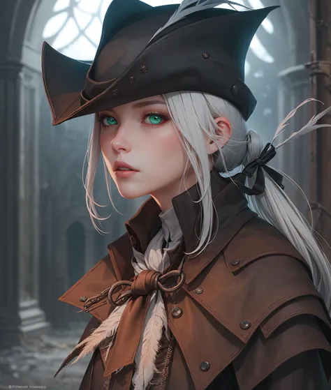 {{{masterpiece}}}, {{{best quality}}}, {{{ultra-detailed}}}, {cinematic lighting}, {illustration}, very detailed eyes, expressionless, <lora:LadyMariaV1:1>, 1girl, white_hair, green_eyes, hat_feather, boots, gloves, tricone, ponytail, lady maria of the astral clocktower, bloodborne, blood, {Portrait}, looking at viewer