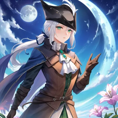 <lora:LadyMariaV1:1>, LadyMaria, 1girl, hat, moon, tricorne, gloves, white_hair, ponytail, solo, flower, ascot, long_hair, hat_feather, belt, green_eyes