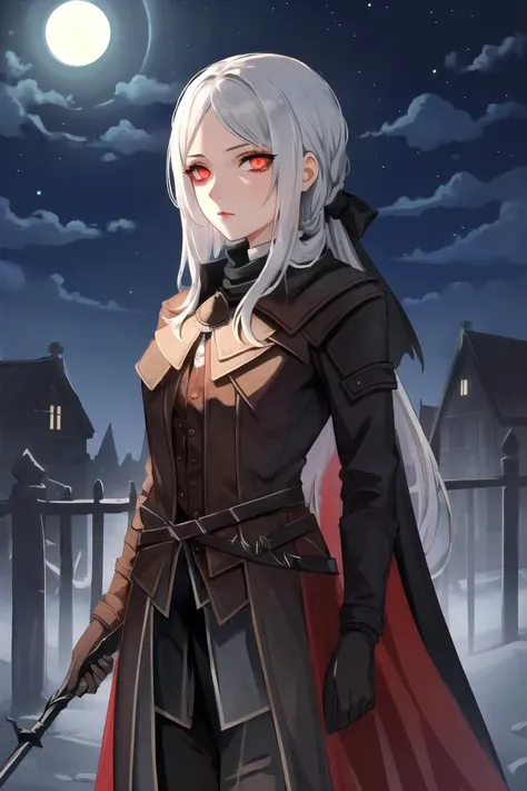 <lora:LadyMariaV1:1>, LadyMaria, 1girl, glowing red_eyes,  solo, night, dark, outdoors, gothic, standing, rim_lighting:1.3),  extremely dark,