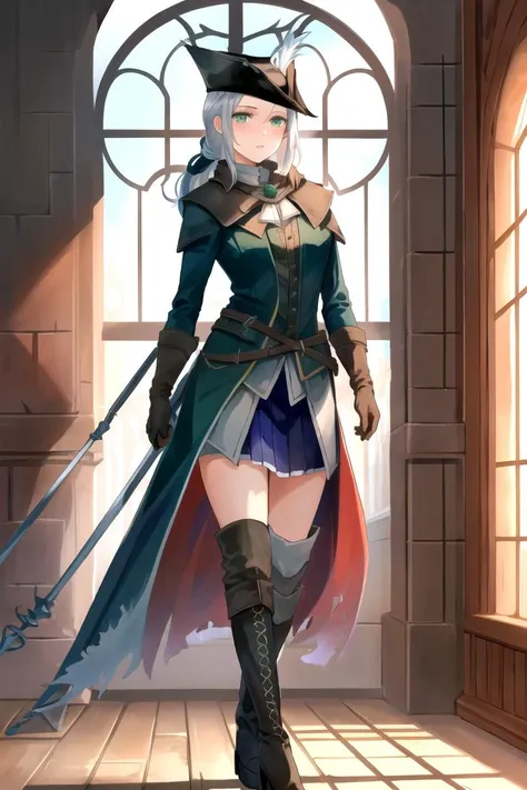 <lora:LadyMariaV1:1>, LadyMaria, 1girl, hat, tricorne, green_eyes, solo, ponytail, gloves, boots, clocktower, indoors, standing