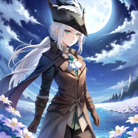 <lora:LadyMariaV1:1>, LadyMaria, 1girl, hat, moon, tricorne, gloves, white_hair, ponytail, solo, flower, ascot, long_hair, hat_feather, belt, green_eyes