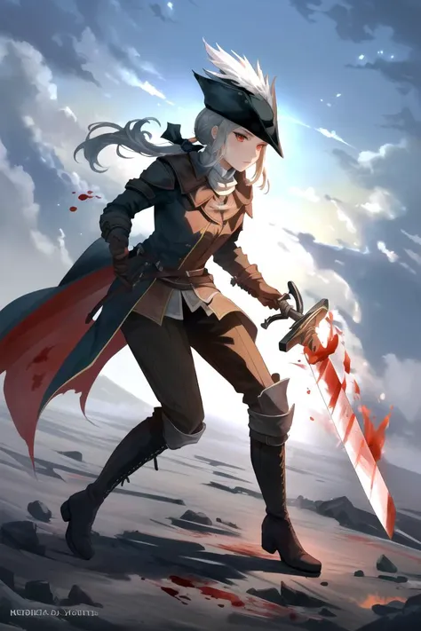 <lora:LadyMariaV1:1>, LadyMaria, 1girl, weapon, sword, hat, tricorne, red_eyes, dual_wielding, solo, fire, holding, ponytail, gloves, boots, blood, blood_flowing_from_sword