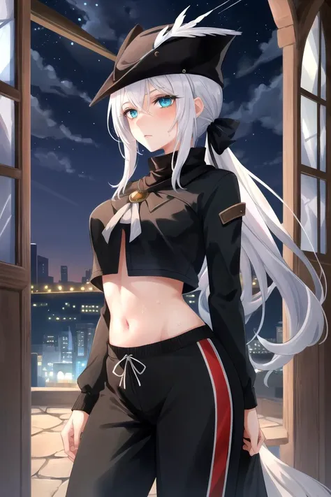 <lora:LadyMariaV1:1>, LadyMaria, 1girl, blue_eyes, hat_feather, tricone, scowl, beautiful art, anime coloring, ponytail, white_hair, black_hair_ribbon, black_croptop, green sweatpants, sweat, contemporary, stained_glass-like, solo, night, dark, outdoors, gothic, standing, rim_lighting:1.3),