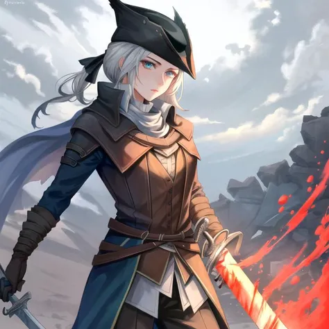 <lora:LadyMariaV1:1>, LadyMaria, weapon, hat, 1girl, sword, holding, solo, gloves, blood, blood_flowing_from_sword