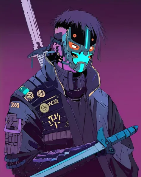 anime, a man with a mask and a sword , cyberpunk, cyberpunk art, retrofuturism<lora:Cyberpunk _Anime_sdxl:1.0>