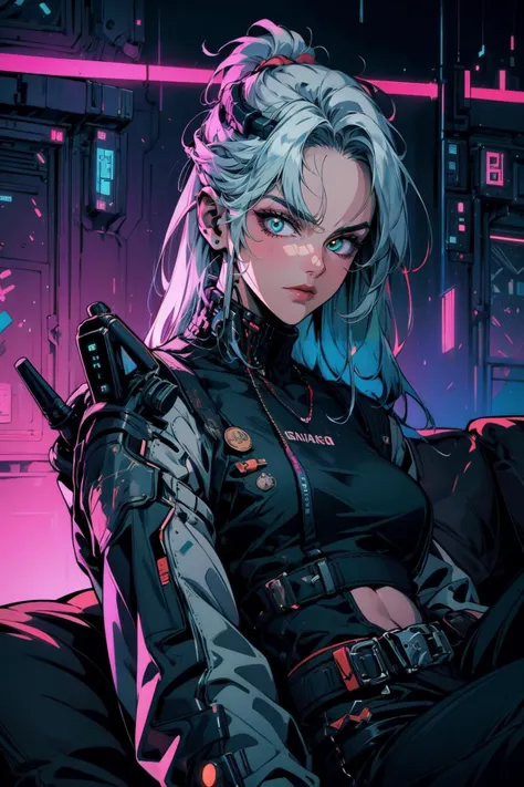 (masterpiece:1.4), (intricate:1.2), (detailed:1.2), (vibrant colors:1.2), BREAK,
(cyberpunk:1.2), (dated:1.2), BREAK,
(1girl:1.2), (lying back on a couch:1.0), (serious face:1.0), (long white hair:1.0), (Cyberpunk_Anime:1.0), <lora:Cyberpunk_Anime-10:0.8>