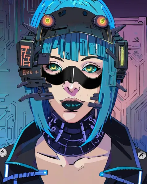 anime, a woman with a blue wig and a black mask , cyberpunk, cyberpunk art, retrofuturism<lora:Cyberpunk _Anime_sdxl:1.0>