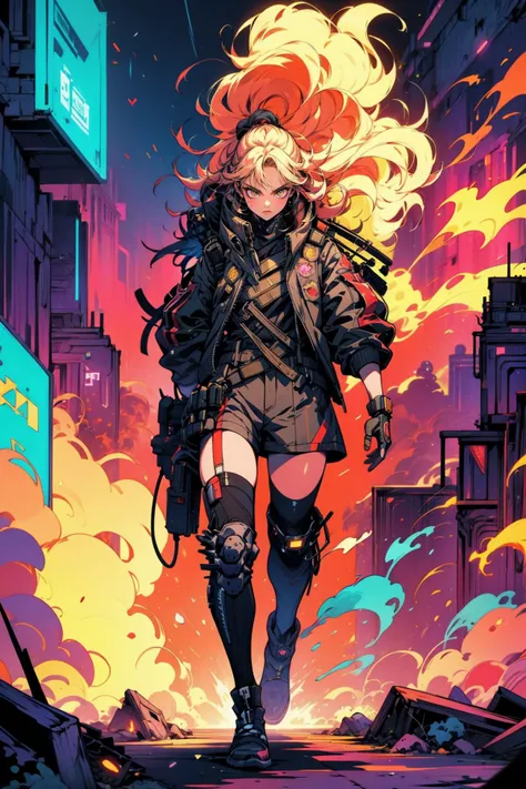 (masterpiece:1.4), (intricate:1.2), (detailed:1.2), (vibrant colors:1.2), BREAK,
(cyberpunk:1.0), (synthwave:1.0), (psychedelic:1.0), (full body:1.0), (dynamic pose:1.0), (from below:1.0), BREAK,
(1girl:1.0), (badass:1.0), (long hair:1.0), (walking away from explosion:1.0), (techwear:1.0), (Cyberpunk_Anime:1.0), <lora:Cyberpunk_Anime-10:0.8>, BREAK,
(machinery:1.0), (technology:1.0), (explosion of colors:1.2),