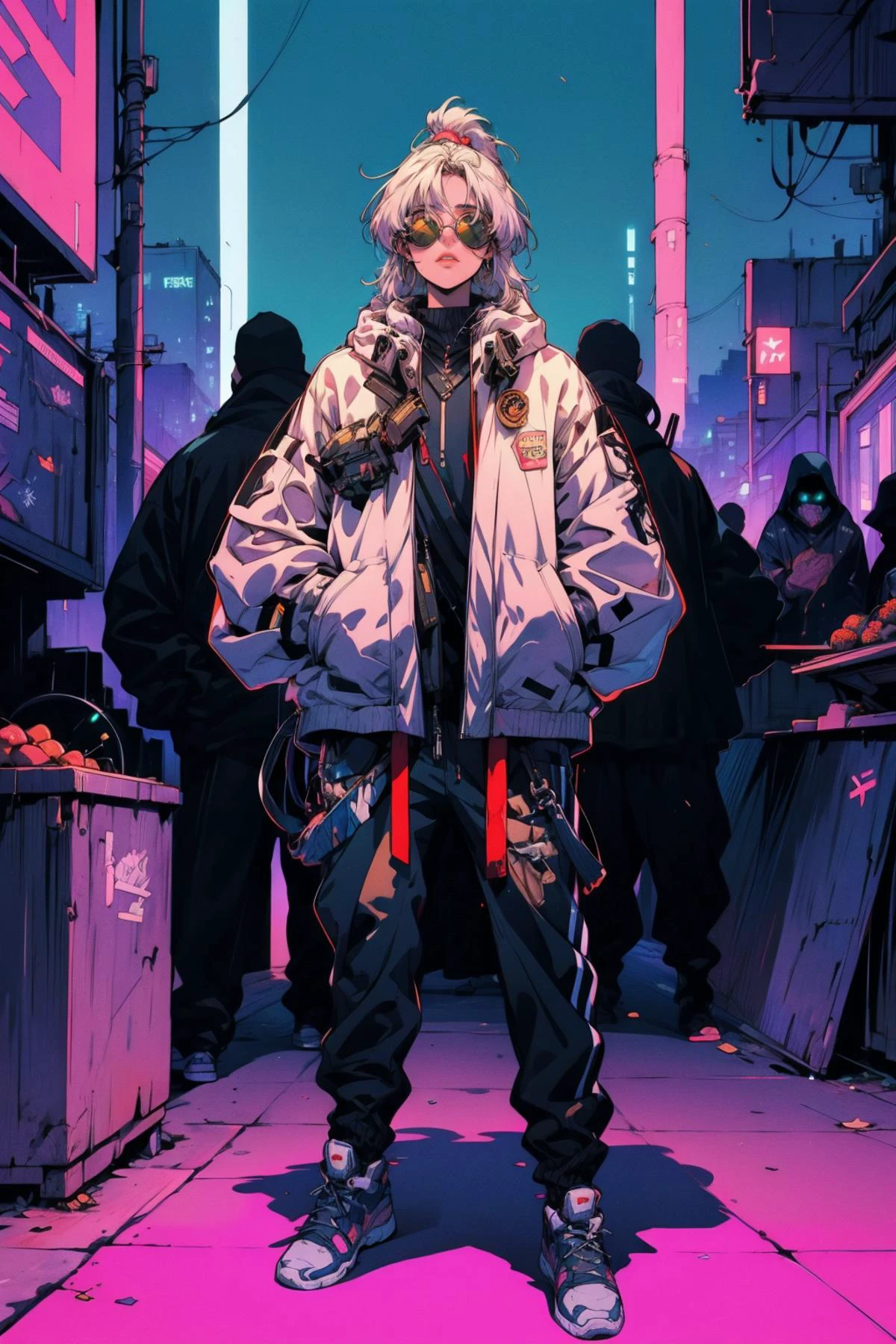 (masterpiece:1.4), (intricate:1.2), (detailed:1.2), (vibrant colors:1.2), BREAK,
(cyberpunk:1.2), (vaporwave:1.2), (full body:1.0), BREAK,
(1girl:1.2), (sunglasses:1.2), (baggy clothes:1.2), (Cyberpunk_Anime:1.0), <lora:Cyberpunk_Anime:0.8> , BREAK,
(futuristic:1.0), (tokyo:1.0), (market:1.2)