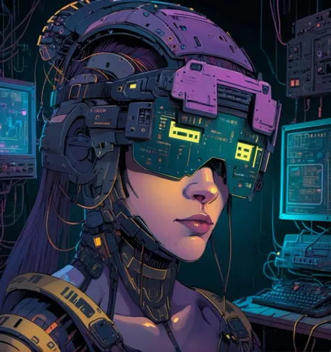 cyber woman in headphones sitting at a computer desk with a monitor, digital cyberpunk anime art, cyberpunk art style, digital cyberpunk - anime art, cyberpunk vibes, in cyberpunk style, cyberpunk themed art, advanced digital cyberpunk art, anime cyberpunk art, cyberpunk anime girl, cyber style, cyberpunk hacker, cyberpunk artstyle, female cyberpunk anime girl, has cyberpunk style