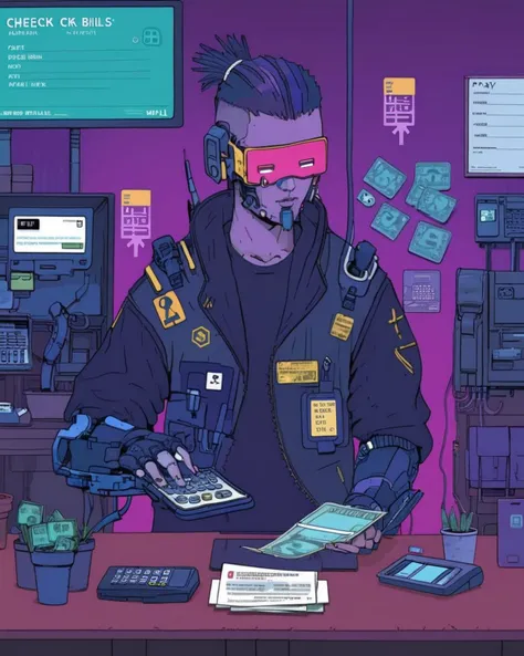 person Check and pay bills. , cyberpunk
<lora:Cyberpunk _Anime_sdxl:1.0>