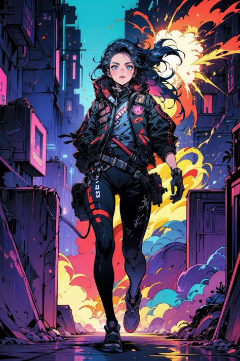(masterpiece:1.4), (intricate:1.2), (detailed:1.2), (vibrant colors:1.2), BREAK,
(cyberpunk:1.0), (synthwave:1.0), (psychedelic:1.0), (full body:1.0), (dynamic pose:1.0), (from below:1.0), BREAK,
(1girl:1.0), (badass:1.0), (long hair:1.0), (walking away from explosion:1.0), (techwear:1.0), (Cyberpunk_Anime:1.0), <lora:Cyberpunk_Anime-10:0.8>, BREAK,
(machinery:1.0), (technology:1.0), (explosion of colors:1.2),