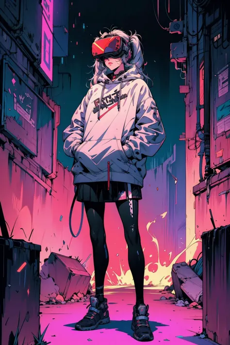 (masterpiece:1.4), (beautiful and aesthetic:1.4), (intricate:1.2), (detailed:1.2), (vibrant colors:1.2), BREAK,
(cyberpunk:1.2), (full body:1.0), BREAK,
(punk girl:1.2), (oversized hoodie:1.1), (pantyhose:1.0), (twintails:1.2), (long hair:1.2), (vr headset covering eyes:1.1), (hands in pockets:1.0), (Cyberpunk_Anime:1.0), <lora:Cyberpunk_Anime-10:0.8>