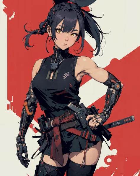 masterpiece, best quality, 1girl, solo, Cyberpunk_Anime, fit, old woman, fashion modeling pose, Sleeveless blouse,thighhighs, shocked, dutch braid, Night, dark colors, <lora:Cyberpunk_Anime:0.6>