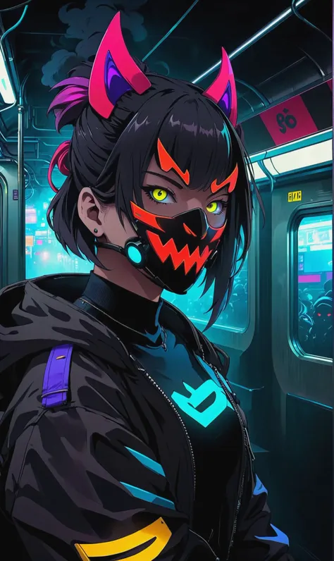 (in the style of cyberpunk edgerunners), anime, cyberpunk style, cyberpunk, a girl wearing a colorful demonic mask with glowing eyes, it is blending in into a background of black smoke, riding the metro, colorful neon lights, tactical clothing, (high resolution:1.3) <lora:Cyberpunk _Anime_sdxl:0.8>