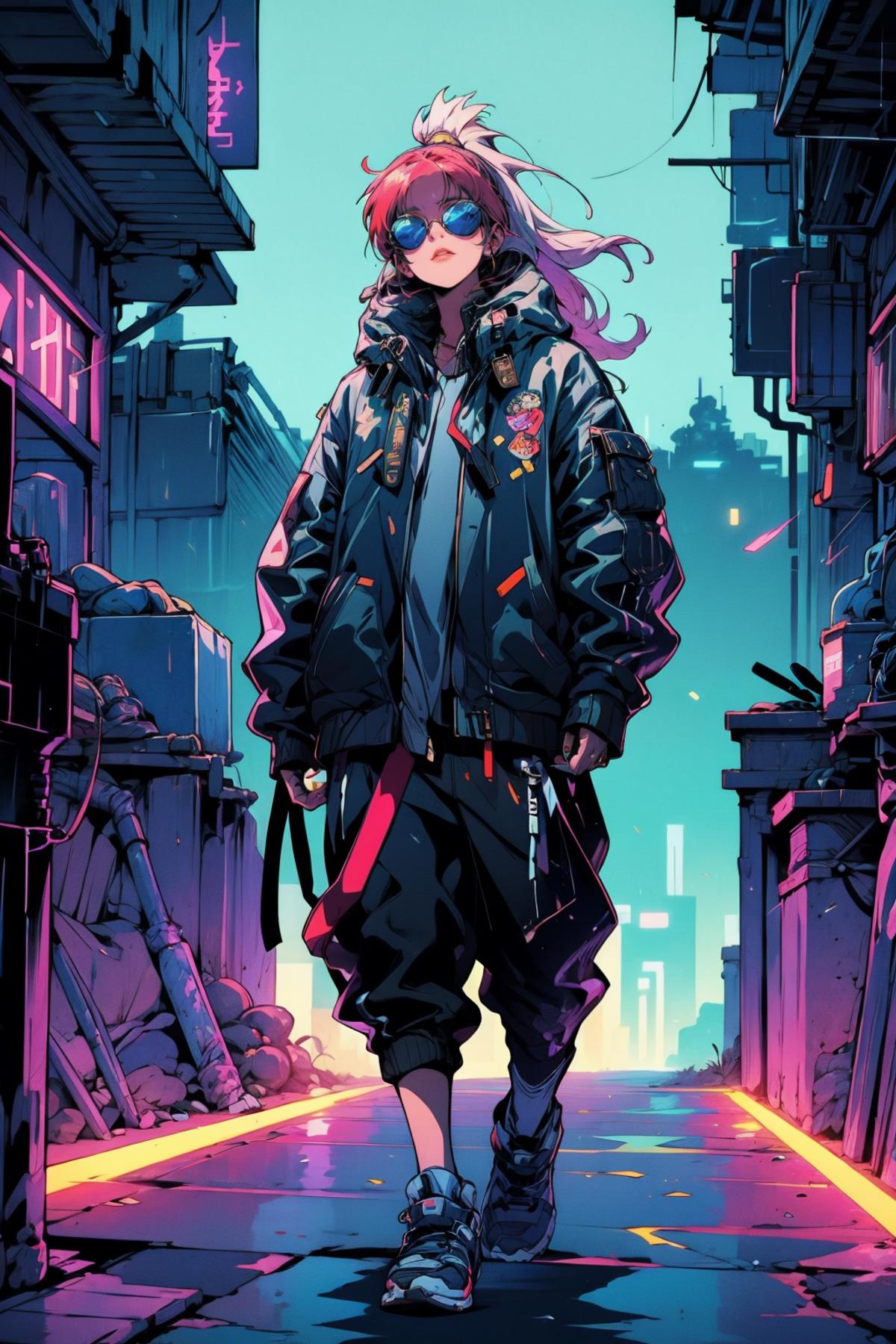 A woman in a black jacket and sunglasses walking down a street - SeaArt AI