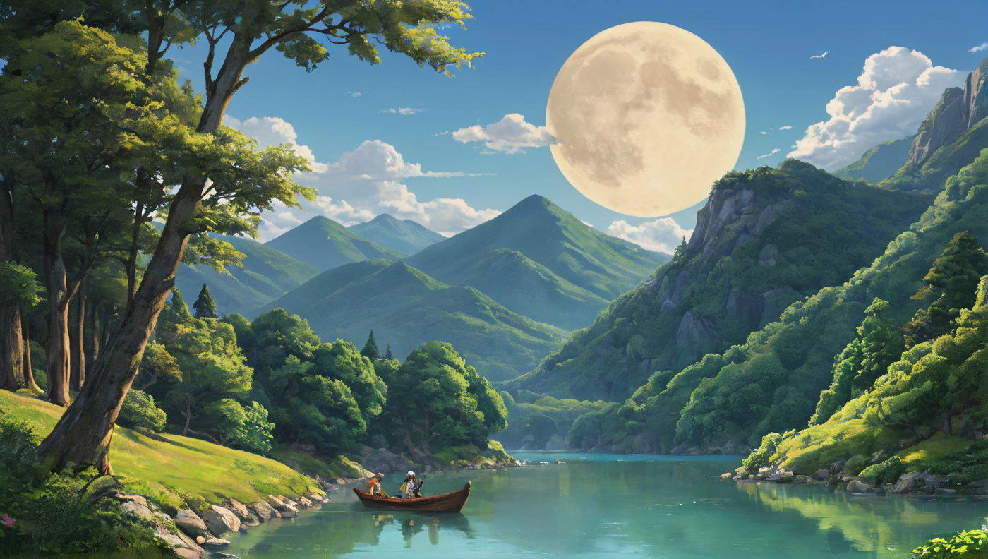 core_9, score_8_up, score_7_up, <lora:ghibli_last:1.3> ghibli, ghibli_style, source_anime, anime_coloring (art by Ghibli style:1.2), art_nouveau,
a serene lake bustling with fishermen and children,a serene landscape with a crescent moon visible at the edge of a clear sky,a magical forest with dappled sunlight breaking through the trees in Ghibli style, brimming with life and enchanting, rich colors, and playful elements. details.
(high resolution, noise, highly detailed textures, sharp focus, rich textures, rule of thirds, intricate detail, dof:1.3)