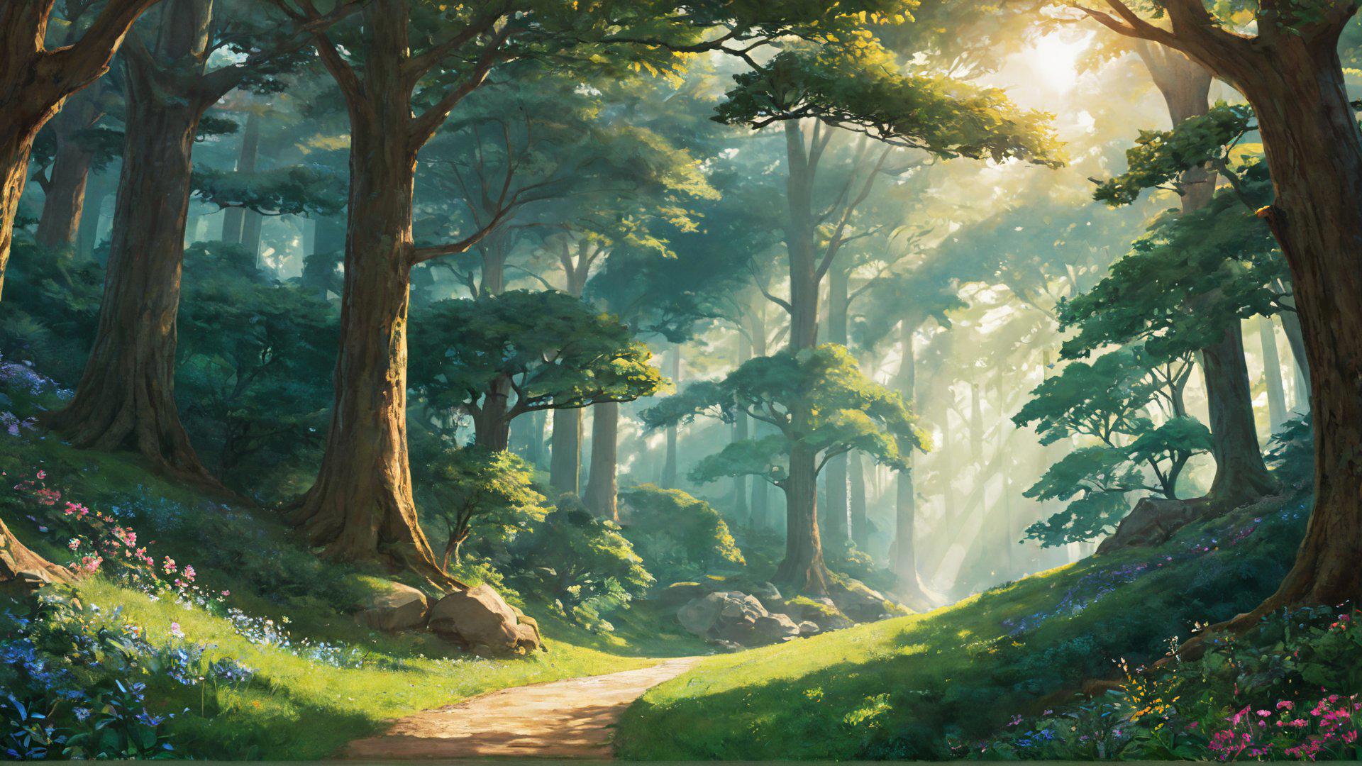A painting of a path through a forest with trees and flowers - SeaArt AI