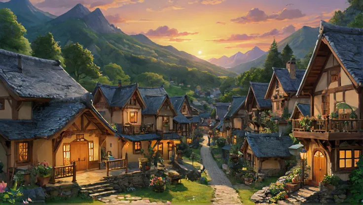 core_9, score_8_up, score_7_up, <lora:ghibli_last:1.3> ghibli, ghibli_style, source_anime, anime_coloring (art by Ghibli style:1.2), art_nouveau,
a magical forest with glowing fireflies and ancient trees,a beautiful mountain village with smoke rising from chimneys and flowers in the gardens,the warm glow of the setting sun illuminating a village nestled in the mountains in Ghibli style, brimming with life and enchanting, rich colors, and playful elements. details.
(high resolution, noise, highly detailed textures, sharp focus, rich textures, rule of thirds, intricate detail, dof:1.3)