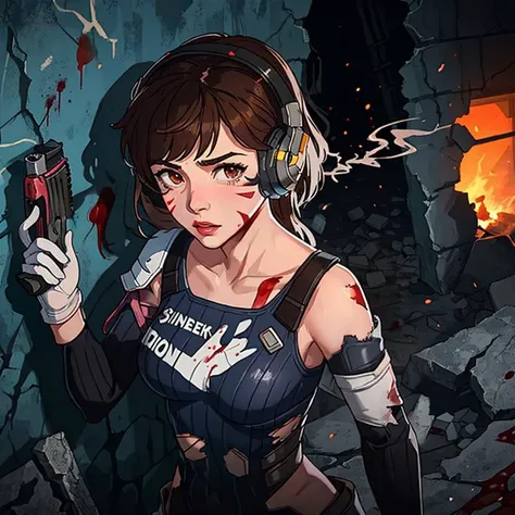 <lora:dva:.7> 1girl, (d.va (overwatch):0.8), solo, long hair, whisker markings, bodysuit, brown hair, facial mark, gloves, breasts, brown eyes, pilot suit, overall shot from above, looking to viewer, headphones, white gloves, medium breasts, swept bangs, skin-tight, animal print, bangs, bunny print, ribbed bodysuit, facepaint, pink lips,
(holding gun in hand:1.4),
city in ruins, city is battlefield, destroyed buildings, evening, dim light, battlefield, battle, (silhouette, hard light:1.2), (covering on ruined wall:1.2), battle, (pain:1.2), hurt, holding shoulder, left hand on the shoulder, (left palm on shoulder, left bare shoulder:1.2), (shoulder hurt, blood on the shoulder, wounded shoulder, wound on shoulder:1.2), blood, dirt, smoke, boulders, (tattered torn shoulder:1.2), shot marks, gun impacts, taking cover,