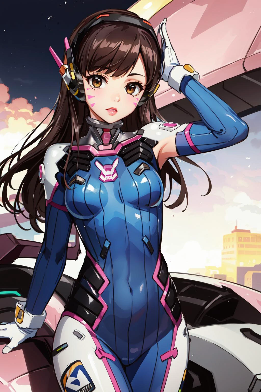 (masterpiece, best quality), intricate details,
1girl, <lora:dva:0.8> 1girl, d.va (overwatch), solo, long hair, whisker markings, bodysuit, brown hair, facial mark, gloves, breasts, brown eyes, pilot suit, cowboy shot, headphones, white gloves, medium breasts, swept bangs, skin tight, animal print, bangs, bunny print, ribbed bodysuit, facepaint, pink lips,