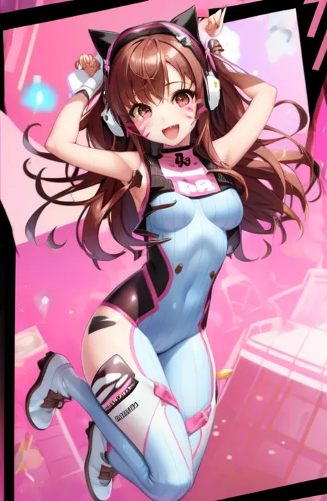 1girl, chibi, pink background, full body, jumping,
brown hair, bodysuit, facial mark, whisker markings, smile, breasts, headphones, 
<lora:shirtliftALORAFor_shirtliftv1:0.83>