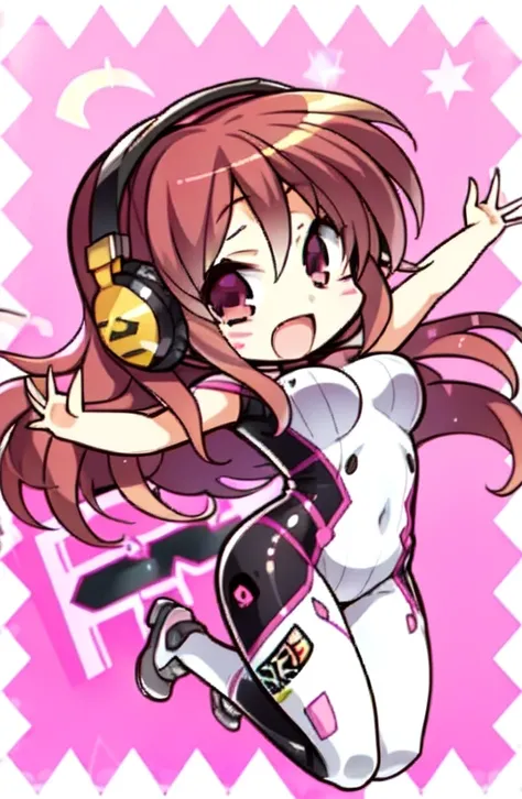 1girl, chibi, pink background, full body, jumping,
brown hair, bodysuit, facial mark, whisker markings, smile, breasts, headphones,
<lora:komowataHarukaStyle_komowataHarukaStyle:0.83>
