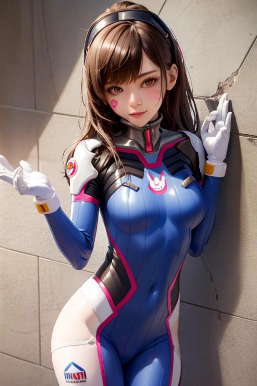 (masterpiece), (best quality),blue_bodysuit, 1girl, d.va_\(overwatch\), animal_print, bangs, bodysuit, bracer, medium_breasts, brick_wall, brown_eyes, brown_hair, whisker_markings, bunny_print, pilot_suit, pink_lips, ribbed_bodysuit, character_name, checkered_background, clothes_writing, facepaint, gloves, headphones, high_collar, honeycomb_\(pattern\), honeycomb_background, lips, long_hair, looking_at_viewer, solo, standing, swept_bangs, thigh_strap, tile_floor, tile_wall, tiles, turtleneck, white_footwear, white_gloves,pilot_suit,shoulder_armor, shoulder_pads, (kbxll:0.6), <lora:dva:0.83>
