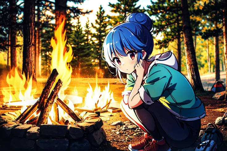 <lora:anireality_v1:0.7>, <lora:shimaRinYuruCamp_v10:0.5>, shima rin, 1girl, blue hair, hair bun, sitting, camping, outdoors, woods, campfire,, anirl, best quality, ultra high res,