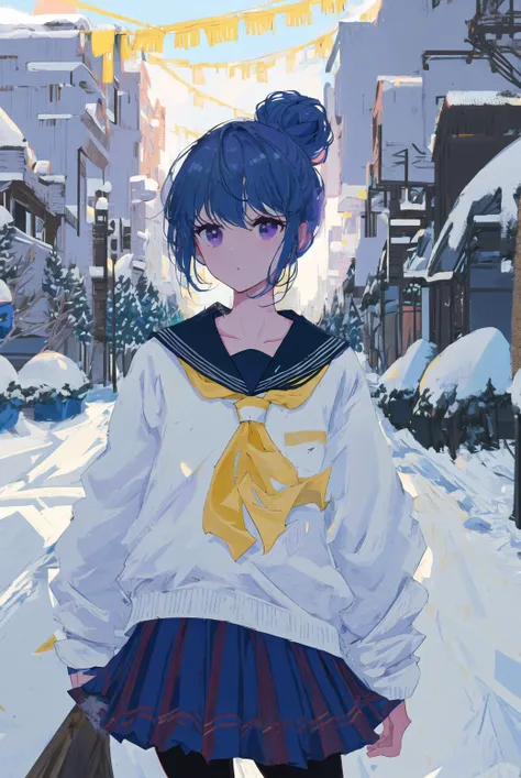 masterpiece, best quality, ultra-detailed, illustration, close-up, straight on, face focus, masterpiece, best quality, ultra-detailed, illustration, <lora:ShimaRin:1>, blue hair, bangs, topknot hair bun, detailed purple eyes, blue hair, bangs, long_sleeves, school_uniform, necktie, yellow serafuku, yellow sweater, neckerchief, skirt, black pantyhose, plaid skirt, street, buildings, plants, trees, grass, looking at viewer, snow,