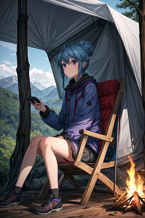 1girl, solo, sit, camping, tent, woods, mountains, day time, digital art, ultra detailed, shima rin, hair bun, blue hair, campfire, purple eyes, <lora:ShimaRin:1>, <lora:more_details:0.7>