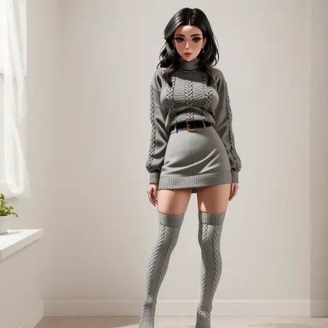 Masterpiece, 4K, beautiful design, beautiful woman,knitted kneesocks with embroidery, grey kneesocks, dark haired woman standing up wearing knitted kneesocks, full body shot, portrait, woman beautiful face, bimbo, <lora:Kneesocks:0.4>,