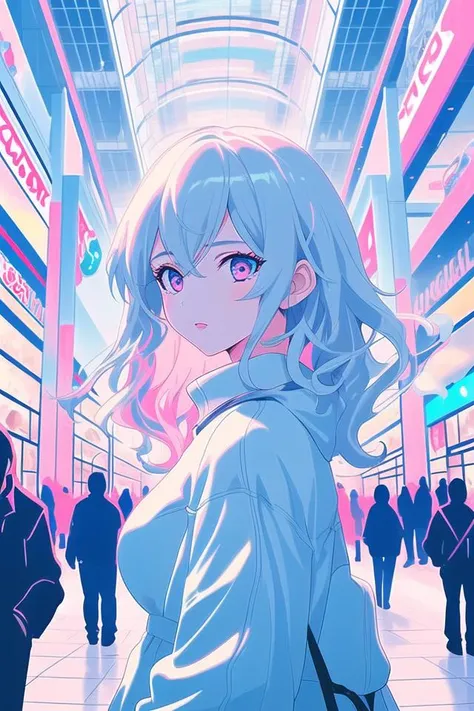 1girl, upper body, mall, futuristic, pastel colors, looking at viewer, crowd, daylight, pink and blue, <lora:pastelcolorV1:0.65>,