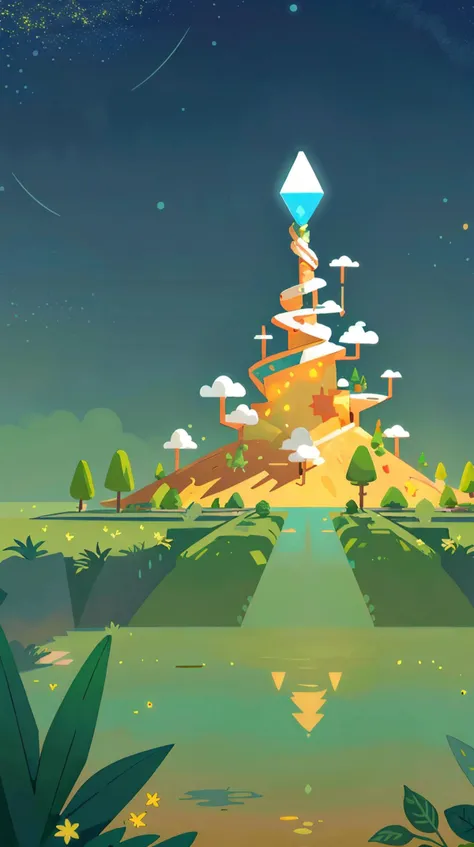 illustration,flat color,Flat style, Oracle Oasis, a desert refuge reflecting the golden light of a dying sun, with bioluminescent foliage lighting the forest floor,colorful sky caused by a space-time anomaly, its lights reflecting on the dewy leaves of the valley,teeming with primal fauna <lora:Landscape illustration:0.7>, Timeless abstractions,enchanting,form, (Masterpiece:1.3) (best quality:1.2) (high quality:1.1)