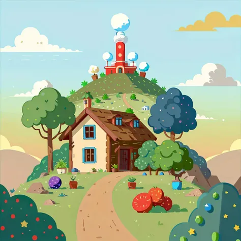 tree,no humans,outdoors,White clouds,day,food,sky,grass,cactus,fruit,blue sky,star \(symbol\),smile,bush,house,cherry,
aqichahua,illustration,flat color,Flat style,(Masterpiece),(best quality),<lora:Landscape illustration:0.7>,