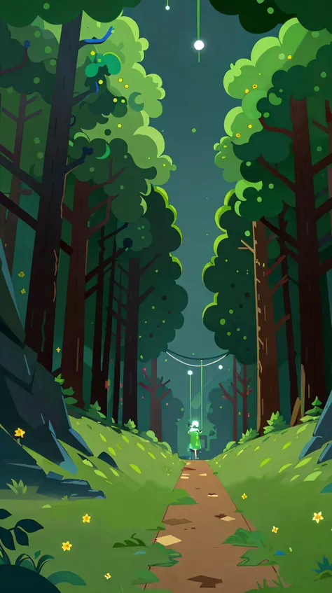 illustration,flat color,Flat style, Continuum Copse, a small forest where time slows, synchronizing all rhythms,that guide nocturnal creatures,confusing navigational senses of the fauna <lora:Landscape illustration:0.7>, microcosm,unfolding,aether, (Masterpiece:1.3) (best quality:1.2) (high quality:1.1)