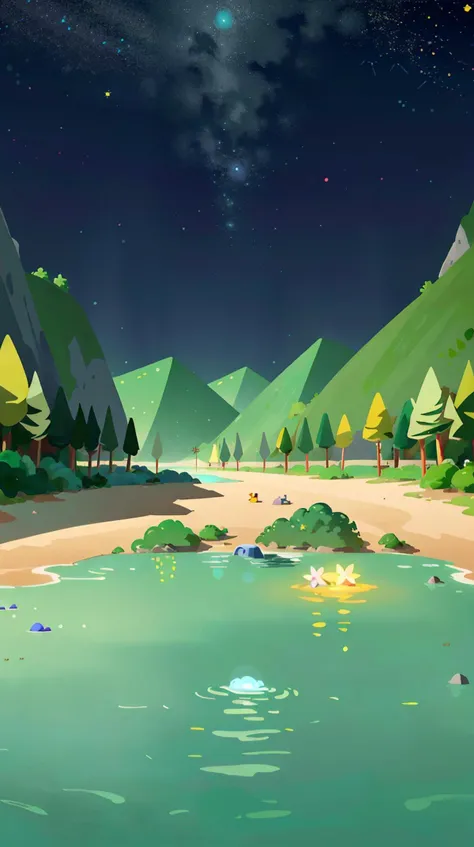 Equinox Estuary, a river mouth under a sky where night and day exist simultaneously, have macroscopic effects on the flora,warmed by a subterranean network of hot springs,into a multitude of colors, illustration,flat color,Flat style,(Masterpiece),(best quality),<lora:Landscape illustration:0.7>, Celestial fragments,Luminescent tapestry,stars