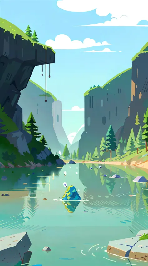 illustration,flat color,Flat style, Vibrant Valley, a lowland filled with unusual, casting colorful reflections on the sea,home to forms that never age,sculpting peculiar rock formations <lora:Landscape illustration:0.7>, warping,universe,splashes, (Masterpiece:1.3) (best quality:1.2) (high quality:1.1)